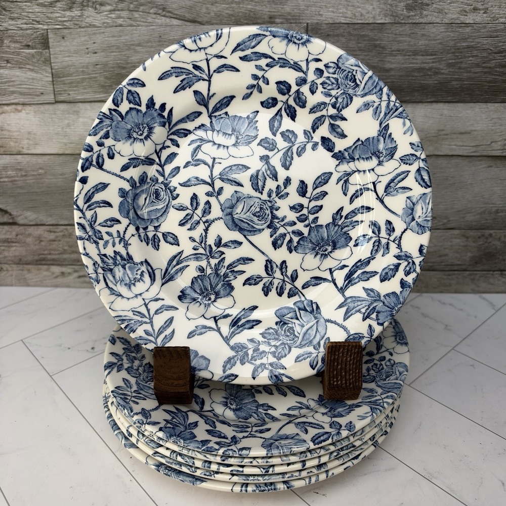 Churchill Blue Peony 8" Salad Lunch Plates - Set Of 6 - Smooth Edge Earthenware